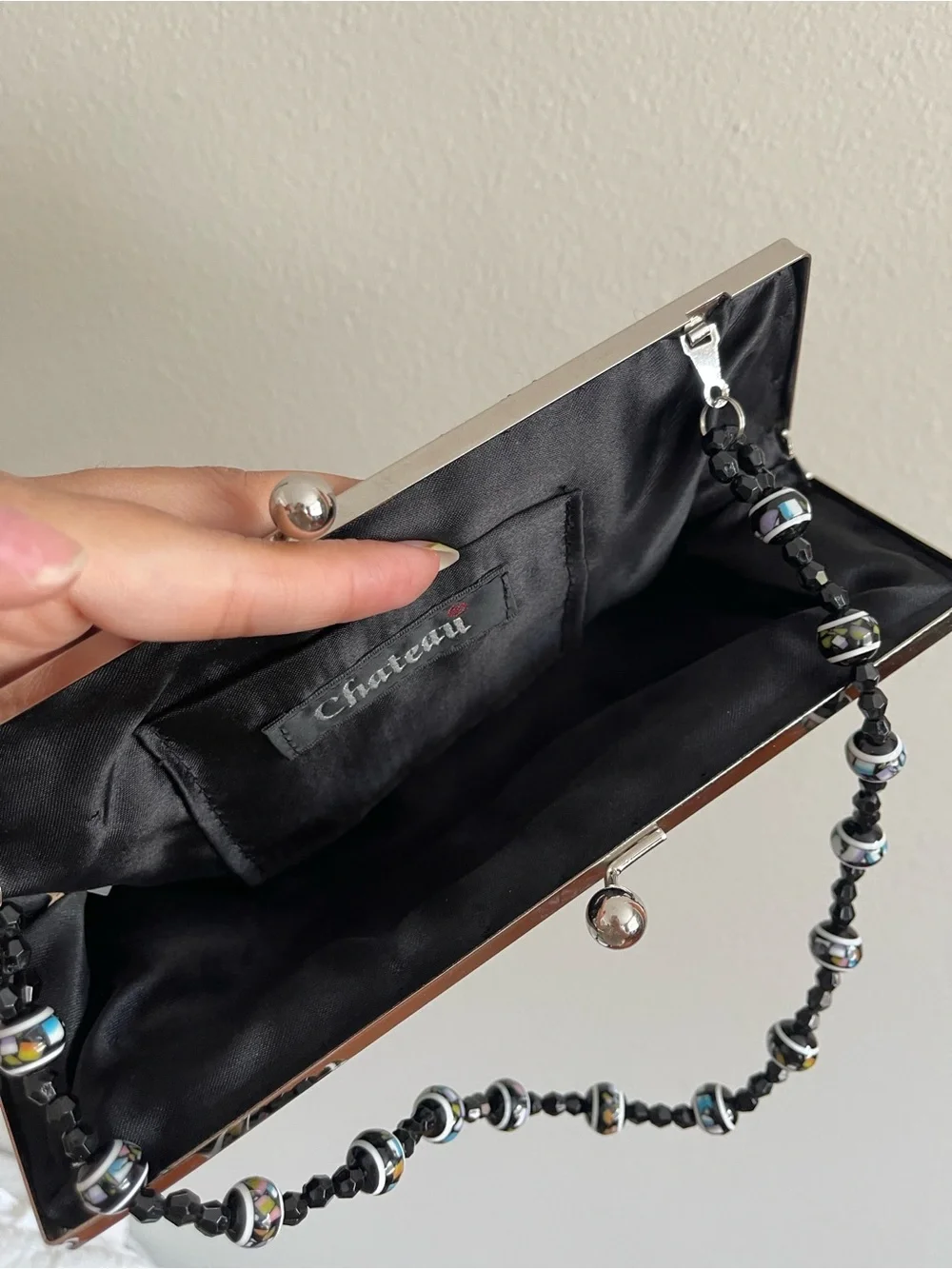 Chateau Black Satin Floral Embroidered Beaded-Handle Clutch